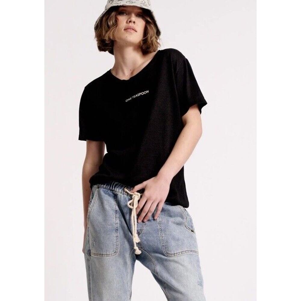 One Teaspoon Women Linen Washed Black Logo Basic Tee Shirt Short Sleeve Size XXS